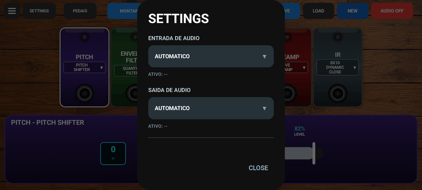 Tela Settings do LGN BASS com seleção de entrada e saída de áudio